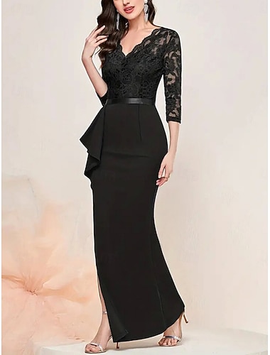  Damen Schwarz Dunkelmarine Sommer Frühling Herbst Maxikleid Etui-Kleid Formell Formell Party Normale Passform Einfach V Ausschnitt