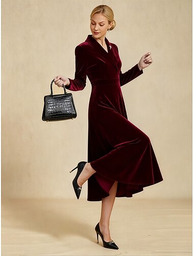  שמלת מידי לנשים שמלת קו A שמלת קטיפה אלגנטית קוקטייל ערב מסיבת ערב גזרה רגילה צבע אחיד שרוולים ארוכים צווארון V שחור יין סתיו חורף