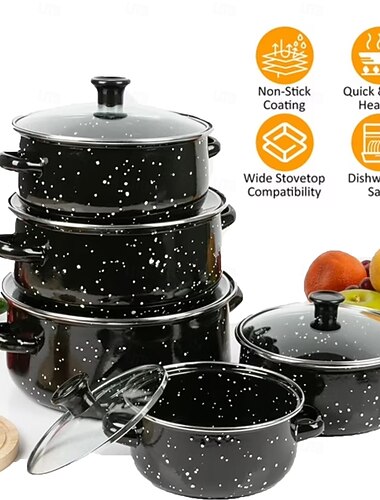  5-delars emaljgrytset, kokkärlset med lock, keramisk gryta, plattbottnad gryta för soppa och konservering