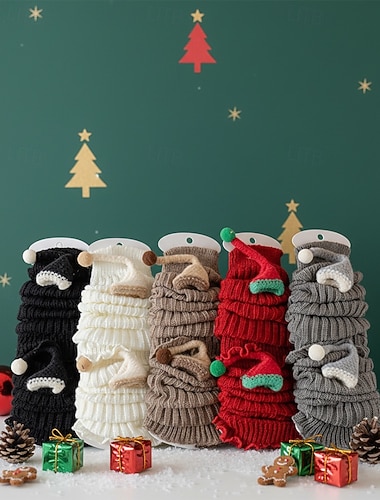  Barnens röda ribbade julstrumpor med rolig älvdesign och pom-pom-detaljer - julklapp, vintermode för barn