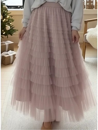  女性用 Ａライン エレガント マキシ ミディアムウエスト スカート 多層式 伸縮性なし ワイン ブラック ピンク ブラウン 春 チュール