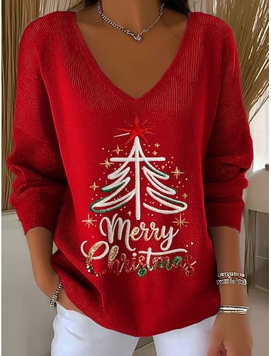  Dames Trui Stoppen Modieus Streetwear Casual Grafisch Kerstboom V-hals Extra groot Gebreid Lange mouw Normale tops breien Buiten Dagelijks Rood Groen Lente Herfst