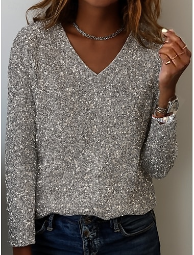  Karácsony Női Blúz Tömör szín Elegáns Stílusos Alap Hosszú ujj V-alakú Normál felsők Napi Flitter Ezüst Fekete Rubin Lóhere Tavasz Ősz Tél