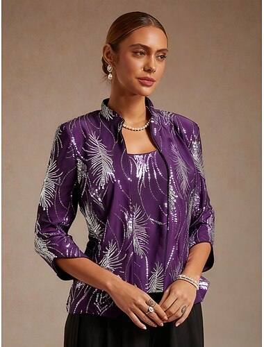  オメンズ ツインセット ブラウス ドレッシーなトップス イブニングトップス フェザー スパンコール エレガント 7分袖 マンダリンカラー レギュラートップス パーティー イブニングウェア イブニングパーティー スパンコール ナス 春 秋 冬