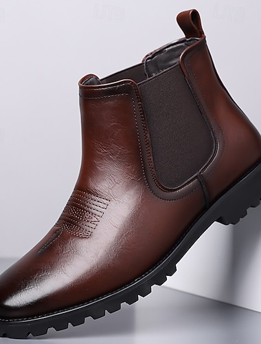  Botas Chelsea masculinas em couro sintético marrom – confortáveis e elegantes, ideais para ocasiões formais, negócios e uso diário.
