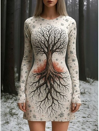  Damen Minikleid Shiftkleid T-Shirt-Kleid Urlaub Lässig Ferien Date Grafik Blatt Langarm Rundhalsausschnitt Beige Frühling Herbst Winter