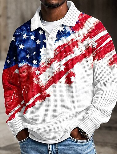  4. července 2026 250. Pánské Americká americká vlajka Pólo S texturou Dlouhý rukáv Polo tričko Klopa Na běžné nošení Oblečení na atletiku Denní nošení 3D tisk Jaro Podzim Zima Bílá 1 Bílá 2