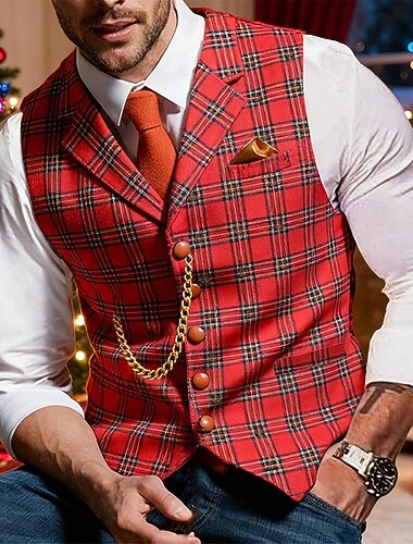  Муж. Жилет Официальные Рождество на открытом воздухе Отпуск Мода Уличный стиль Весна Осень Пуговицы Полистер В клетку Однобортный крой V-образный вырез Узкий крой Красный Жилет
