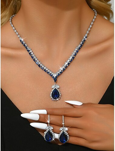 סט תכשיטי קריסטל כחול לנשים - שרשרת טיפה אלגנטית עם ריינסטון ועגילי טיפה למסיבה, ערב ואירועים רשמיים