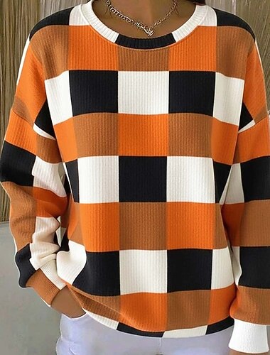  Γυναικεία Φούτερ πουλόβερ Γραφική Καρό Κομψό Βίντατζ Κλασσικό Μακρυμάνικο Στρογγυλή Ψηλή Λαιμόκοψη Κανονικά μπλουζάκια Σπίτι Δρόμος Καθημερινή Ένδυση Στάμπα