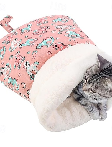  Rosa Katzenschlafsack für Wohnungskatzen, verbesserter 360°-Rundum-Schlafsack, halbgeschlossener Winterschlafsack für Katzen, weiche Katzenhöhle, großer Plüsch-Katzensack für 6-8 kg schwere Katzen