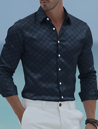  Per uomo Griglia / Plaid Motivo Geometrico Camicia Camicia in raso Camicia elegante Manica Lunga Business Casual Vacanza Abbigliamento Quotidiano Estate Primavera Autunno Collo ripiegato Stampa 3D