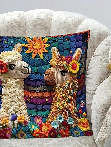  レインボーアルパカ枕カバー 2Dフラットプリント ソフトショートプラッシュクッションケース ソファ リビングルーム 装飾用クッションカバー ホームデコレーション 18x18インチ