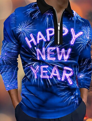  Nieuwjaar Voor heren Vuurwerk Polo Lange mouw Poloshirt Revers Casual Alledaagse kleding Festivaloutfit 3D-afdrukken Polo met kwartrits Lente Herfst Winter blauw Rood Paars