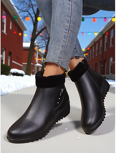  Women's Black Ankle Boots with Faux Fur Cuffs and Wedge Heel – Winter Chic Style, Perfect for Cold Weather, Casual Outings and Holiday Events