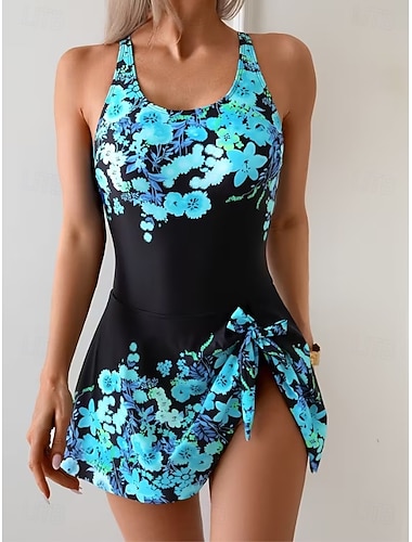  Damen Einteiler Badeanzug mit Rock Rock Urlaubs Strandbekleidung Floral Grafisch U-Ausschnitt Ärmellos Bademode