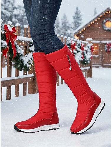  Damskie czerwone zimowe śniegowce - wodoodporne, ciepłe, sięgające do kolan buty z antypoślizgową podeszwą, idealne na święta Bożego Narodzenia, spacery na świeżym powietrzu i do noszenia w chłodne