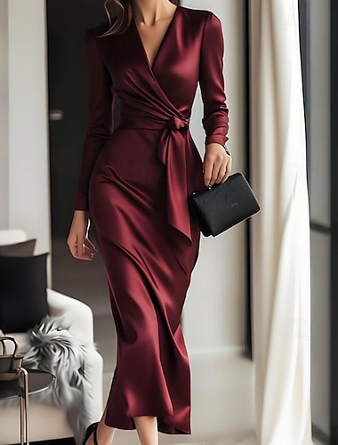  Damskie Długa sukienka sukienka maxi Satynowa sukienka Sukienka na imprezę Sukienka koktajlowa Elegancja Moda Nowoczesny Wieczorna impreza Impreza Regularny Równina Długi rękaw W serek Czerwony