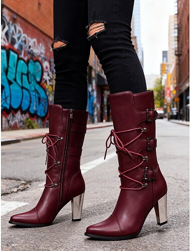  Dámské vínové punkové šněrovací boty s přezkami a kovovými podpatky - moderní městská móda pro ležérní, streetové i večerní příležitosti