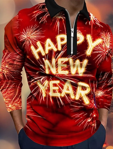  Neujahr Herren Feuerwerk Polo Langarm Polo-Shirts Revers Lässig Alltagskleidung Festival-Outfit 3D-Druck Viertelreißverschluss-Poloshirt Frühling Herbst Winter Blau Rote Purpur