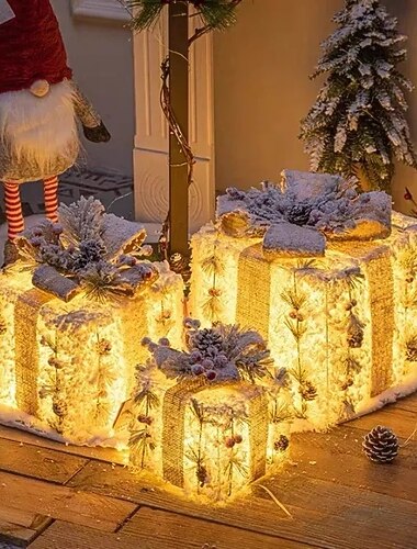  Caixas de Natal iluminadas, conjunto de 3 caixas de presente decoradas com laços de fita, enfeite para árvore de Natal para casa, jardim e festas de fim de ano.