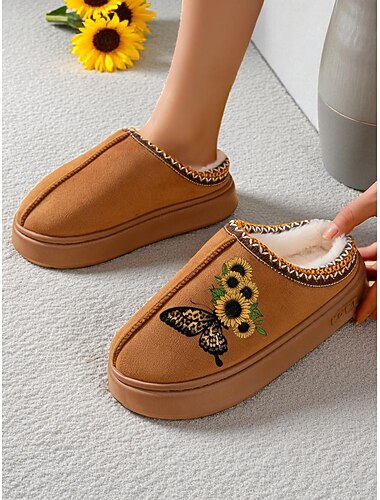  Γυναικείες παντόφλες με τυπωμένο ηλιοτρόπιο - ζεστά παπούτσια εσωτερικού χώρου με επένδυση από φλις και σχέδιο πεταλούδας, άνετα υποδήματα για το σπίτι για χειμερινά δώρα