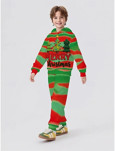  Navidad Chico 3D Graphic Muñeco de Nieve Árbol de Navidad Conjuntos navideños regalo de Navidad Conjunto de sudadera con capucha y pantalones deportivos Manga Larga Primavera Otoño Diario Básico