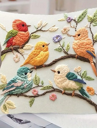  カラフルな鳥と花柄の枕カバー、2Dフラットプリント、片面デザイン、リビングルームソファ用装飾クッションケース、ホームデコレーションアクセント枕