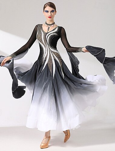  Gesellschaftstanz Kleid Falten Spleißen Kristalle / Strasssteine Damen Leistung Training Langarm Hoch Spandex Chiffon Eis-Seide