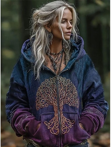  női cipzáras kapucnis pulóverek grafikus kockás viking vintage hétköznapi bohém hosszú ujjú kapucnis normál felsők utcai cipzáras zsebbel nyomtatott lila tavasz ősz tél