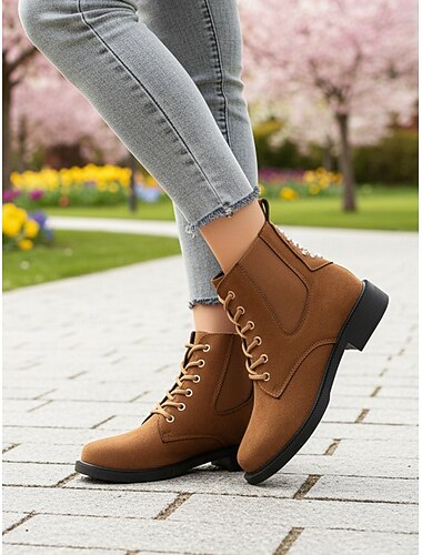  Botas femininas marrons de cano curto com cadarço - estilo coturno, botas casuais para atividades ao ar livre no outono, viagens e uso diário.