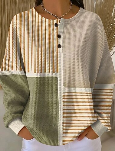  Dame Genser med genser Grafisk Geometrisk Elegant Årgang Mote Langermet Crew-hals Vanlige topper Hjem Bryllupsgjest Hverdag Knapper Blå Mørkerød Grønn Regnbue Vår Høst Vinter