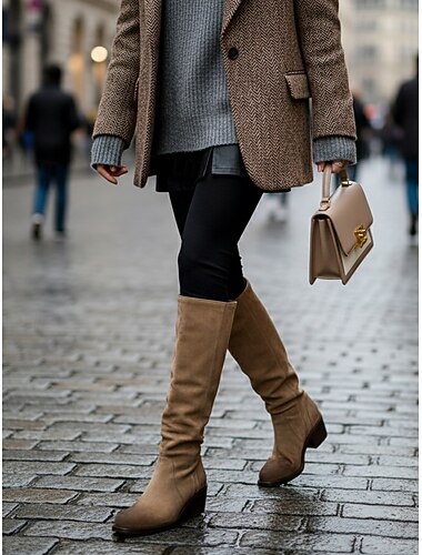  Botas femininas de camurça de cano médio com salto grosso - modelo clássico sem fecho para o outono. &moda de inverno