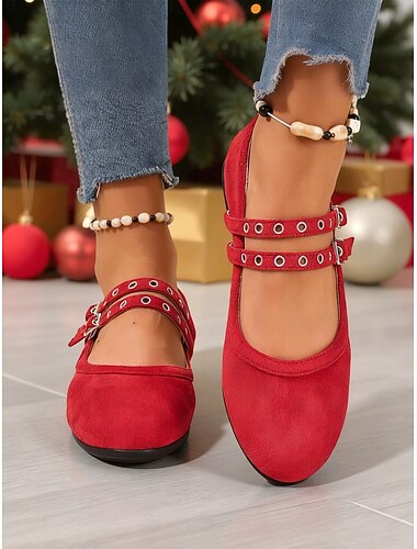  حذاء ماري جين مسطح أحمر للنساء بأشرطة مزدوجة الإبزيم - طراز أنيق للعطلات والحفلات والتجمعات غير الرسمية والمناسبات الاحتفالية