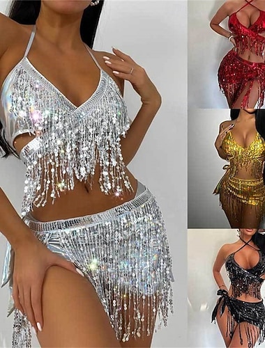  Samba Dansetøy Kvinners Sølv Paljett Fringed Crop Top  Metallisk Plisserte Mini Skjørt Sett - Festival Rave Antrekk Karneval Forestilling Kostyme