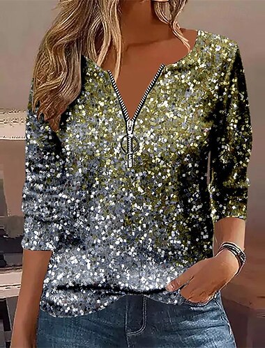  Damen Pullover Sweatshirt Sweatshirts mit Reißverschluss Pailletten Patchwork Viertel Postleitzahl Grafik Tupfen Einfach Elegant Warm Mode Langarm V Ausschnitt Normale Oberteile Heim Arbeit Straße
