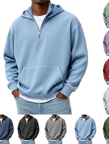  Муж. Толстовка Толстовка с капюшоном на молнии Черный Белый Красный Темно синий Темно-зеленый Капюшон Полотняное плетение Карман Четверть молния Для занятий спортом Повседневные Праздники
