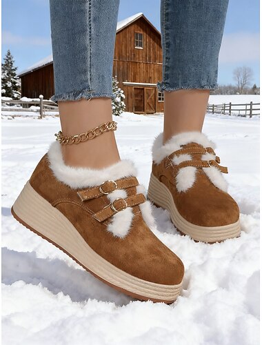  Dámské hnědé boty na platformě z umělého semiše s kožešinovou podšívkou a přezkou – stylová zimní obuv do sněhu, chladného počasí a na výlety do přírody