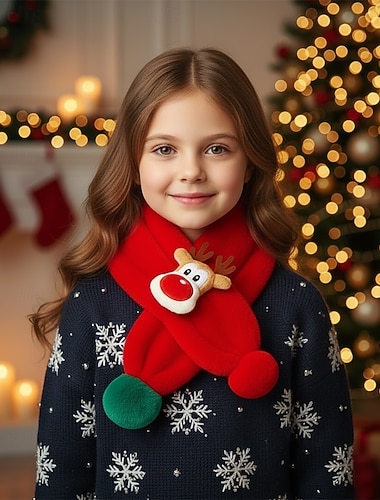  Barnens julplyschhalsduk med renar och pompom och röd nos - mysigt tillbehör för vinter och jul