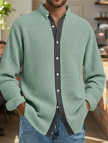  Herren Hemd Waffelhemd Freizeithemd Knopfhemd Blau Weiß Wein Grün Kaki Langarm Farbblock Revers Lässig Täglich Bekleidung Mode Modern Lässig Bequem