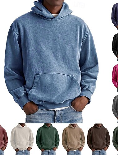  Vintage-Hoodie für Herren, 100 % Baumwolle, Acid-Wash-Hoodies, Aprikose, Schwarz, Rosa, Rot, Kapuze, schlicht, mit Tasche, Sweatshirts, Sport, Outdoor, Alltag, Urlaub, Basic, Freizeit, Herbst, Winter, Bekleidung