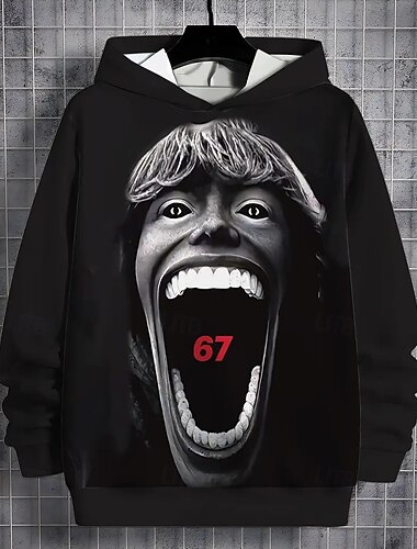  Unisex Gutt 3D Grafisk Morsom slang 67 Hattetrøje Pullover Langermet 3D-utskrift Vår Høst Sport Mote Gatemote Barn 4-12 år Med hette utendørs Avslappet Daglig Normal