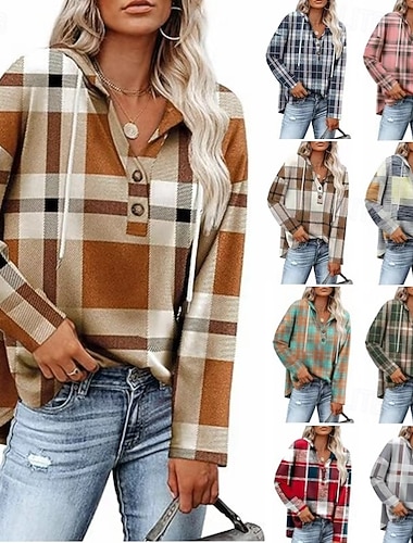  Damen Freizeitjacke Jacke-Shirt Bequem Atmungsaktiv Knöpfe Druck Lässig Karomuster Urlaub Straße Lässig Alltagskleidung Einreihig Regulär Umlegekragen Normale Passform Langarm Oberbekleidung Gelb