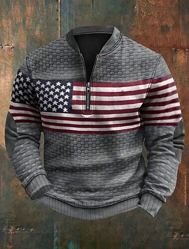  男性用 アメリカの国旗 グラフィックスウェットシャツ トレーナー 長袖 トレーナー クォータージップ ヴィンテージレトロ プリント 祝日 お出かけ プリント 秋 冬