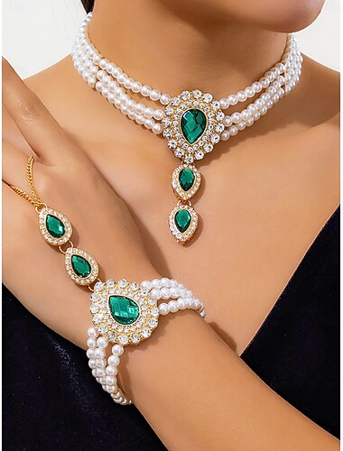  Smykkesæt med perler og smaragder til kvinder - elegant halskæde og armbånd med rhinsten til balsal, gallafest eller aftenfest