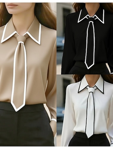  Damen Elegant Satin-Top Bluse Seiden-Oberteile Knöpfe Einfarbig Elegant Stilvoll Basic Langarm Hemdkragen Normale Oberteile Täglich Arbeit Schwarz Weiß Khaki Frühling Herbst Winter