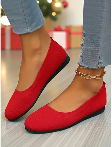  حذاء مسطح نسائي أحمر اللون من Flyknit سهل الارتداء - مريح وأنيق، مثالي للاحتفالات بعيد الميلاد والنزهات غير الرسمية والتسوق في العطلات