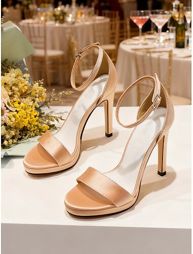  Sandalias de tacón de plataforma con correa al tobillo en satén color champán para mujer: elegantes sandalias de tacón de aguja con punta abierta para eventos nocturnos, bodas y cócteles.