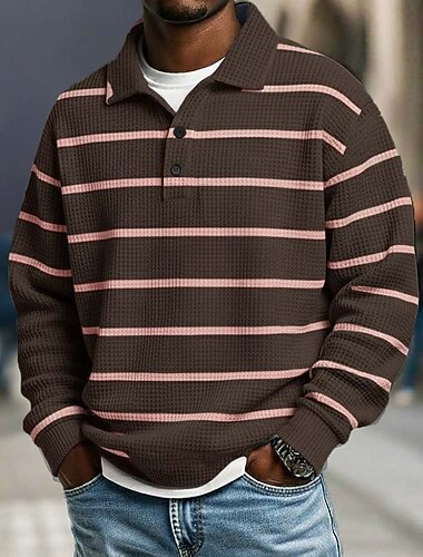  Homme Rayures horizontales Chemises Polo Gaufre Polo de rugby Texturé manche longue Polos Revers Vêtements de sport Occasionnel École Athleisure Tenue quotidienne Impression 3D Printemps Automne Hiver