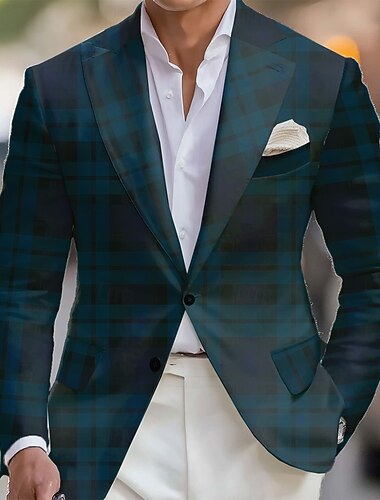  Herre Ruter Blazer jakke Frakk Bekvem Kunstnerisk Fritid Festkveldsklær Daglig Festival 3D-utskrift Knapper Høst vinter Med hakk Langermet Mørkegrønn Brun Grønn